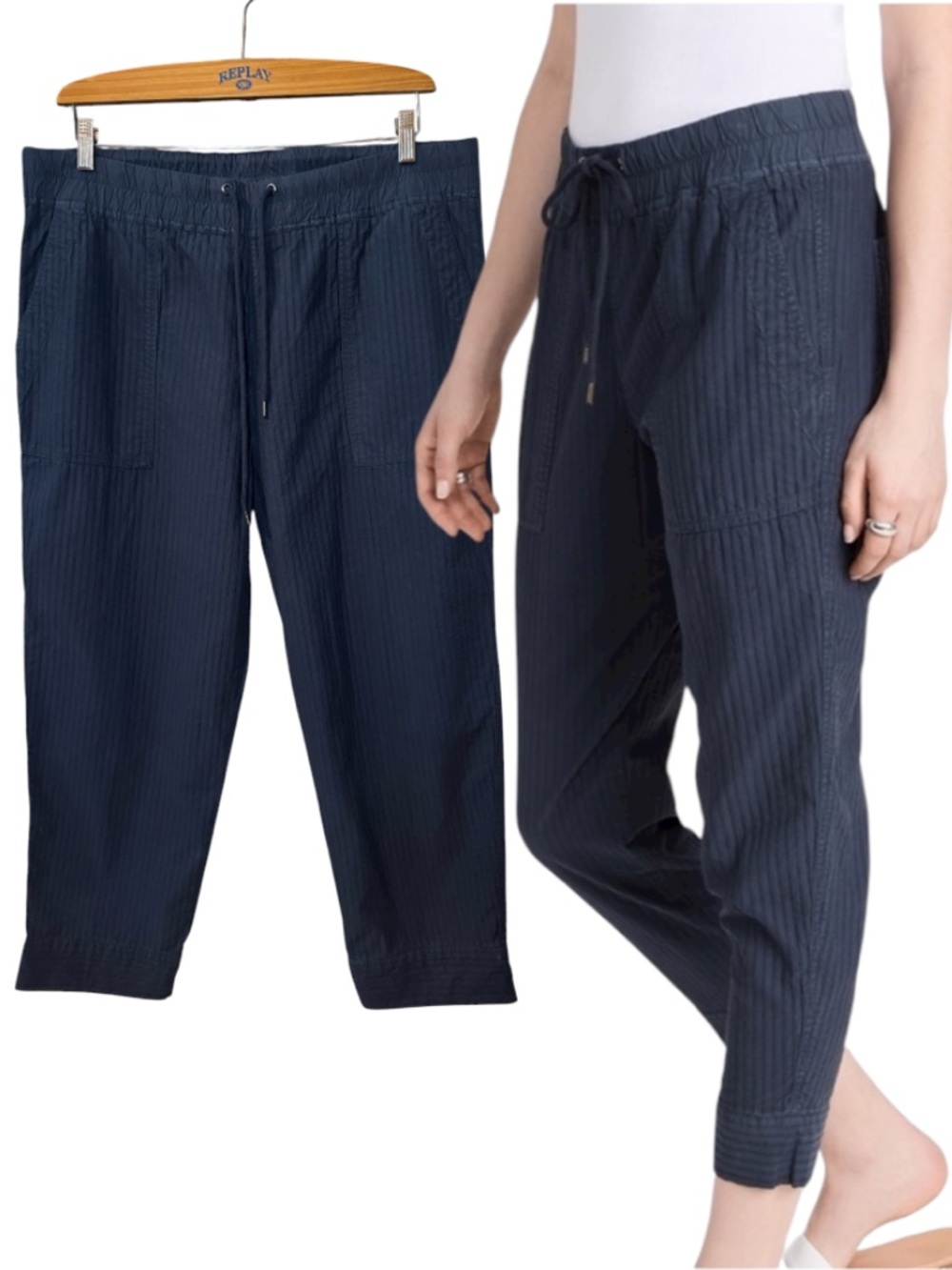 James Perse Easy Fit Self Stripe Navy Drawstring Ankle Pants Size XL